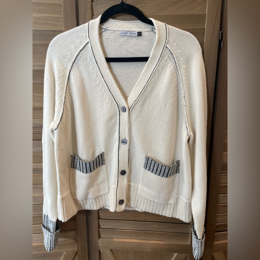 Women’s Zaket & Plover White Blue Merino Wool Blend Cardigan With Pockets Size M - Picture 2 of 8